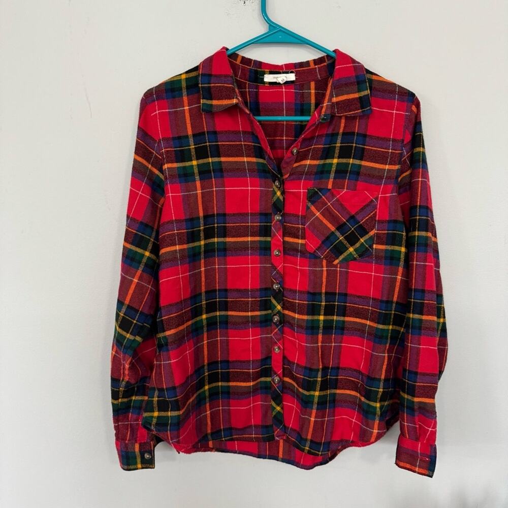 Maurices Red Plaid Button Down Shirt Women’s Size Medium Bright Colors